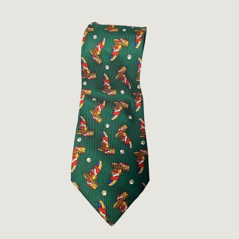 Fendi Cravette 100% Silk Italian Neck Tie Green Golf Shoes Balls Pattern